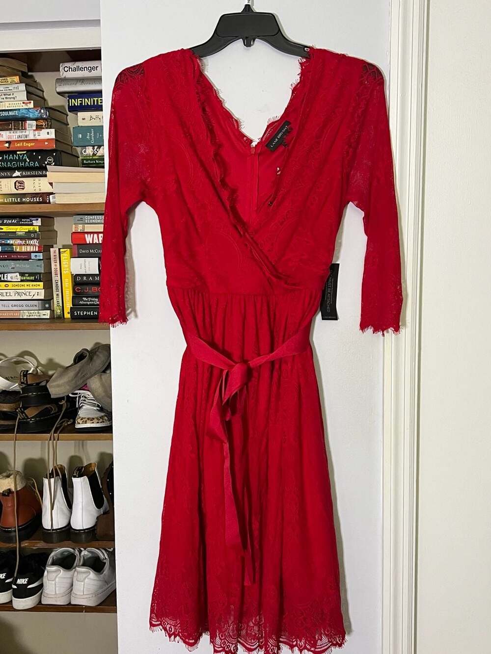 Lane Bryant Red Lace Surplice Belted Midi Dress